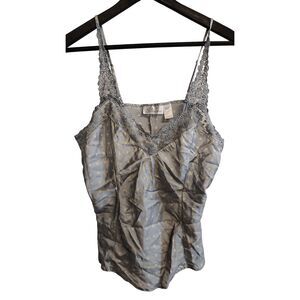 Vintage Silkscreen Large‎ 100% Silk Gray Yellow Dot Lace Strap Women's Camisole